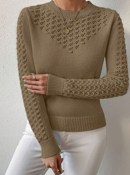 Hellbrauner Strickpullover mit Ajourmuster und Rundhals