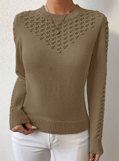 Hellbrauner taillierter Ajourpullover mit Rippbündchen