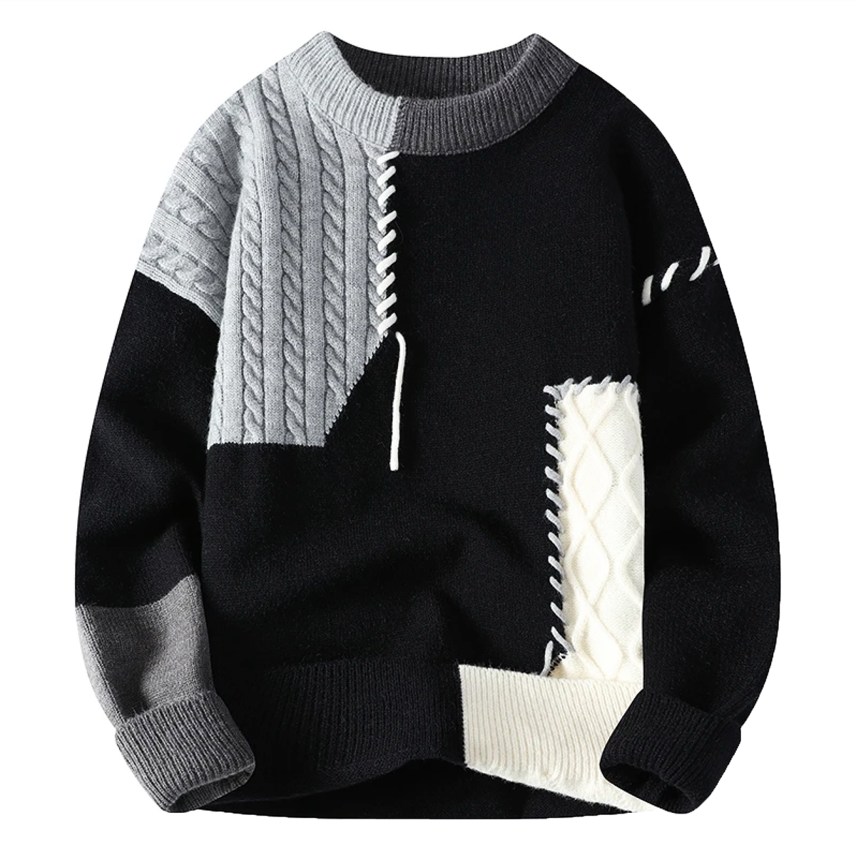Schwarzer Patchwork-Strickpullover mit grauen und cremefarbenen Zopfmuster-Flächen