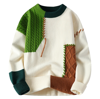 Cremefarbener Patchwork-Strickpullover mit grünen und braunen Zopfmuster-Flächen