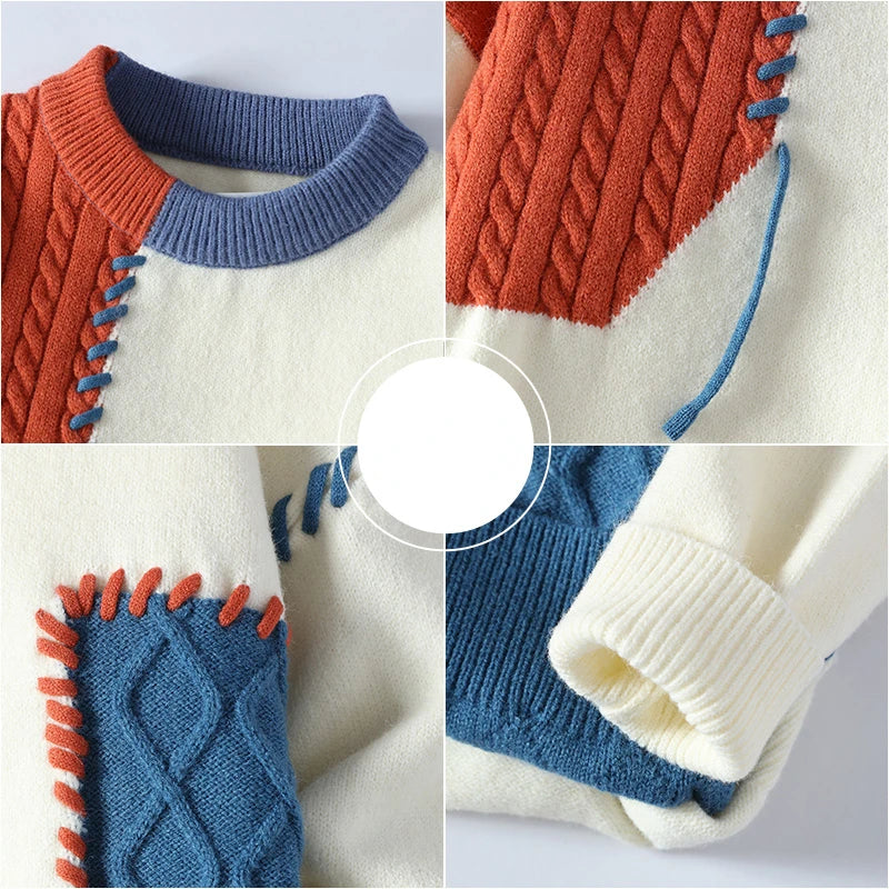 Details von Kragen, Zopfmuster, Ziernaht und Bündchen