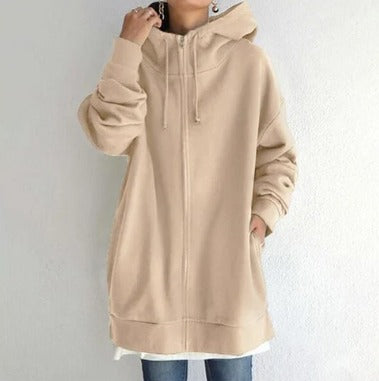 Lange Oversize-Sweatjacke mit Kapuze in Beige