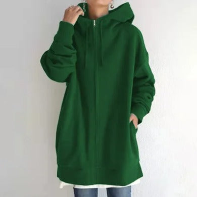 Lange Oversize-Sweatjacke mit Kapuze in Smaragdgrün