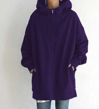 Lange Oversize-Sweatjacke mit Kapuze in Lila