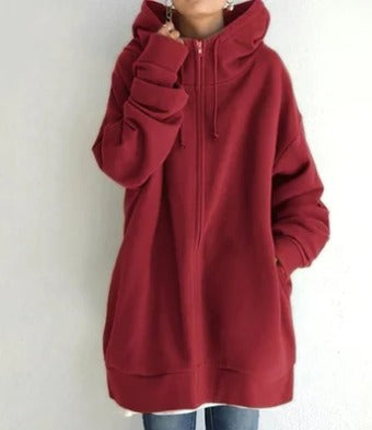 Lange Oversize-Sweatjacke mit Kapuze in Rot