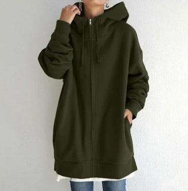 Lange Oversize-Sweatjacke mit Kapuze in Olivgrün