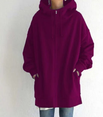 Lange Oversize-Sweatjacke mit Kapuze in Fuchsia