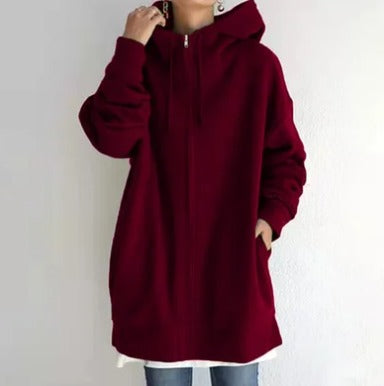 Lange Oversize-Sweatjacke mit Kapuze in Bordeaux