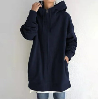 Lange Oversize-Sweatjacke mit Kapuze in Marineblau