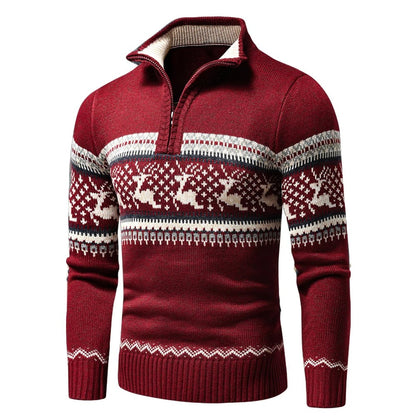 Roter Weihnachtspullover mit Rentier-Norwegermuster und kurzem Reißverschluss